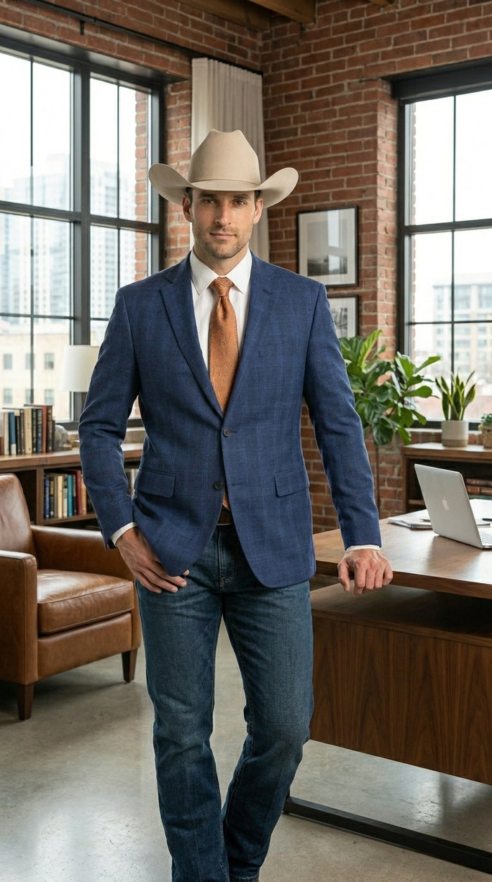 Men’s Dark Blue Western Sport Coat with Two Button Front, Notch Lapel Designer Blazer Jacket