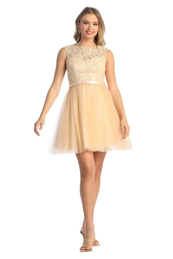 Cindy Collection 1432 Short Lace Bodice Tulle Corset Graduation Dress