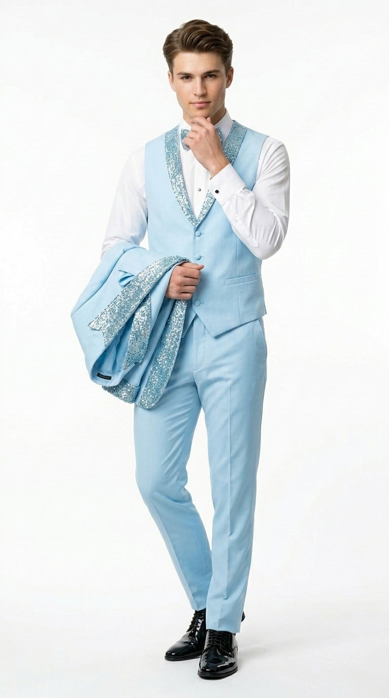 Men’s Baby Blue Prom Tuxedo Suit with Silver Rhinestone Sequin Lapel and Matching Vest