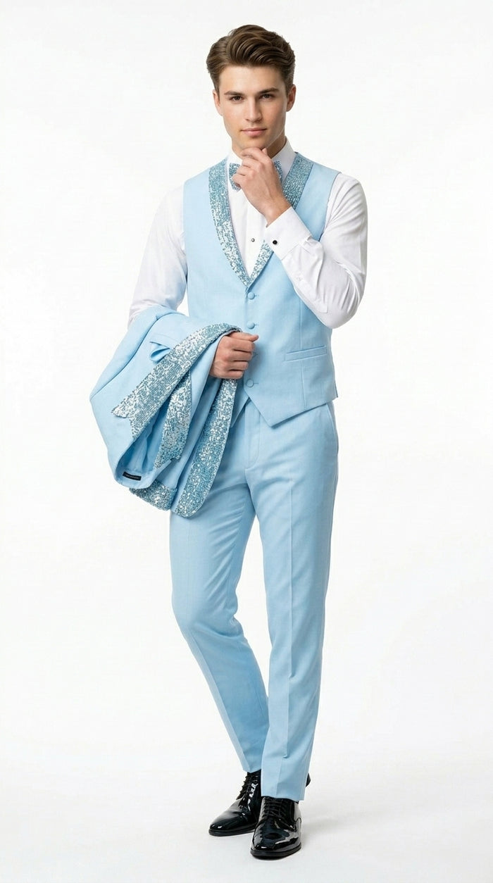 Men’s Baby Blue Prom Tuxedo Suit with Silver Rhinestone Sequin Lapel and Matching Vest