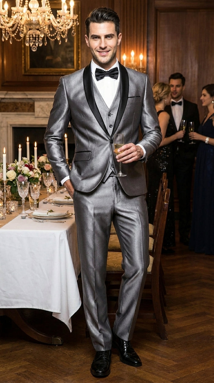 Men’s Silver Grey Sharkskin Vested Tuxedo with 1 Button Jacket, Shawl Lapel and Matching Pants