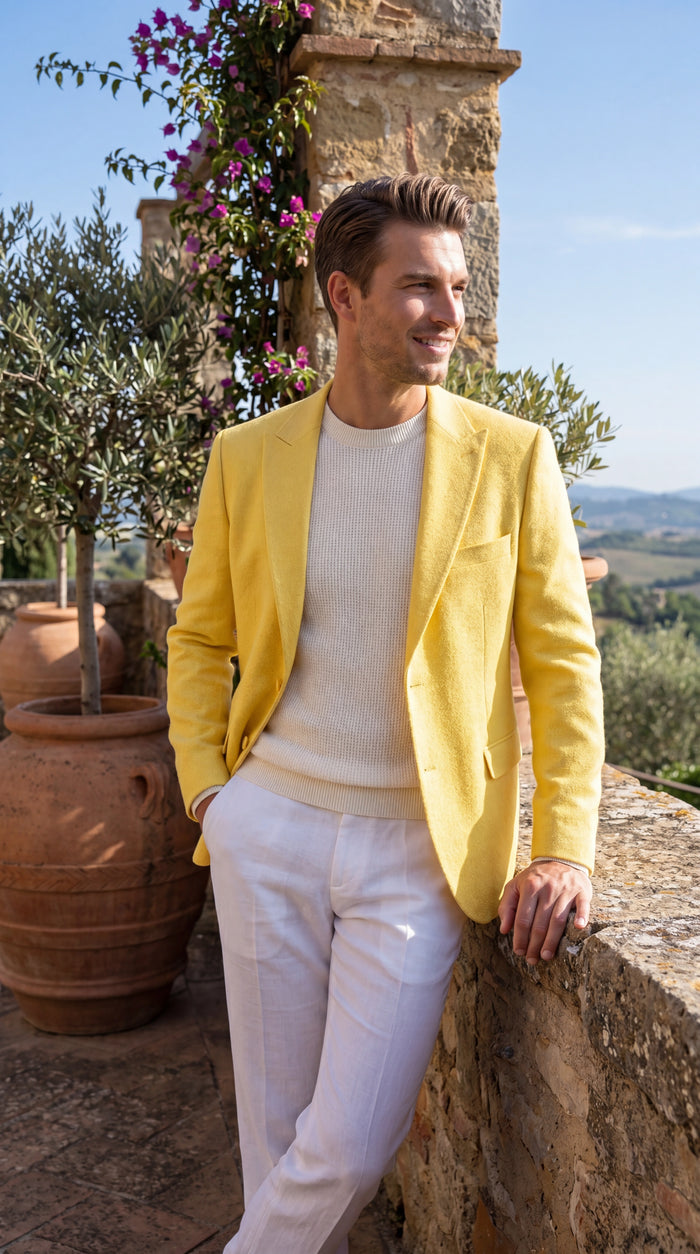 Zacci Brand Men’s Lemon Yellow Blazer Peak Lapel Hopsack Weave – Stylish Formal Blazer Jacket for Wedding, Party, Prom and Smart Casual Wear