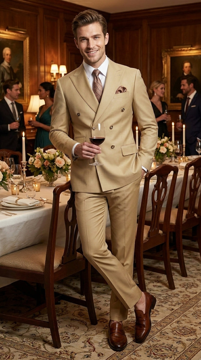 Mens Designer Modern Fit Double Breasted Designer Camel Gold Buttons Suit