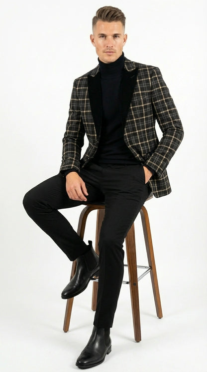 Mens Tartan Black and Gold Check Blazer – Windowpane Plaid Sport Coat Velvet Lapel Formal Party Jacket Chirsitmas New Year Holiday Jacket