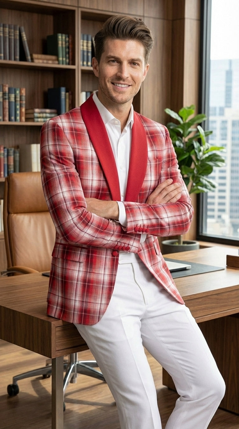 Mens Tartan Red and White Plaid Blazer – Check Pattern Sport Coat Red Shawl Lapel Party Christmas Holiday New Year