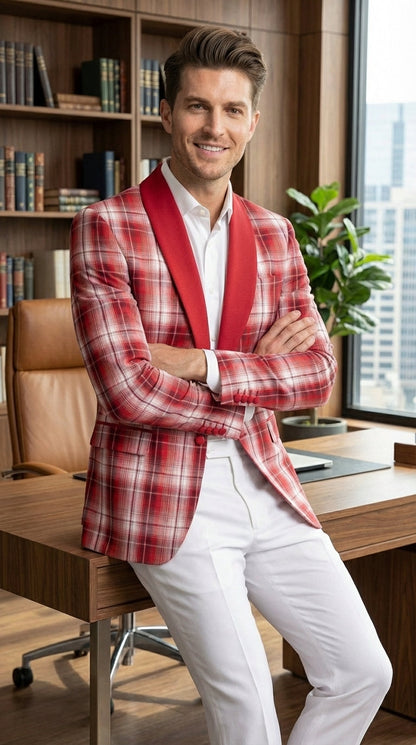 Mens Tartan Red and White Plaid Blazer – Check Pattern Sport Coat Red Shawl Lapel Party Christmas Holiday New Year