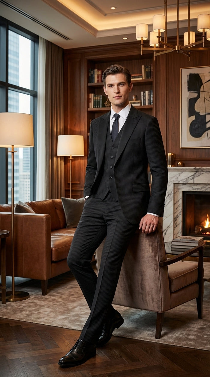 Vitali Mens Black Tone on Tone Shadow Stripe Vested Suit Set – 3 Piece Modern Fit Pinstripe Two Buttons