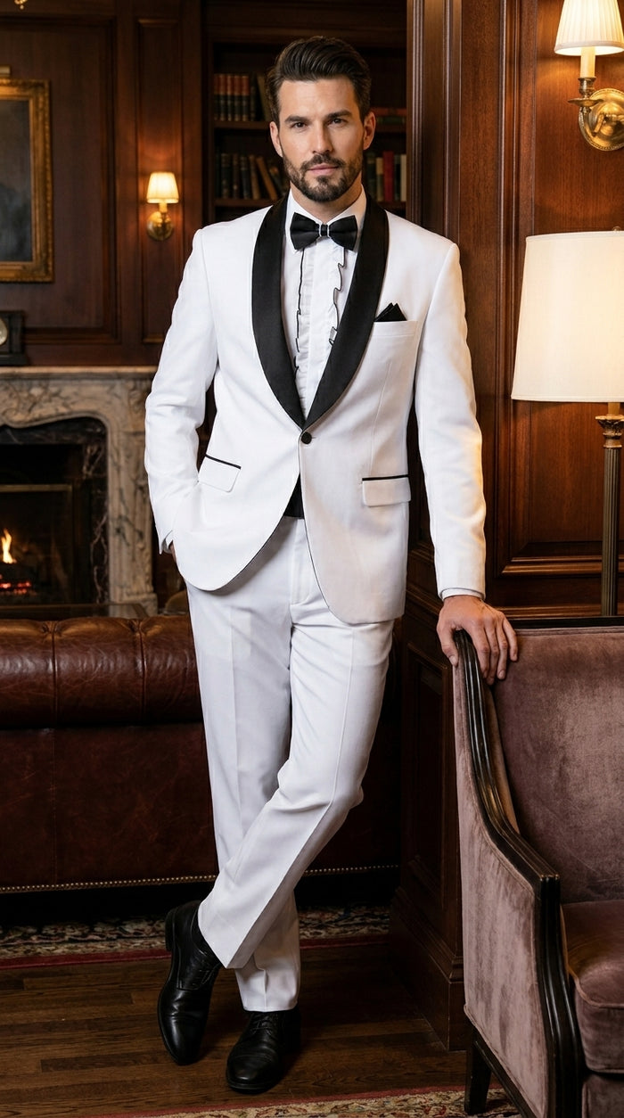 Men’s White and Black Classic Microfiber Shawl Tuxedo with Jacket and Pants, Formal Wedding Suit