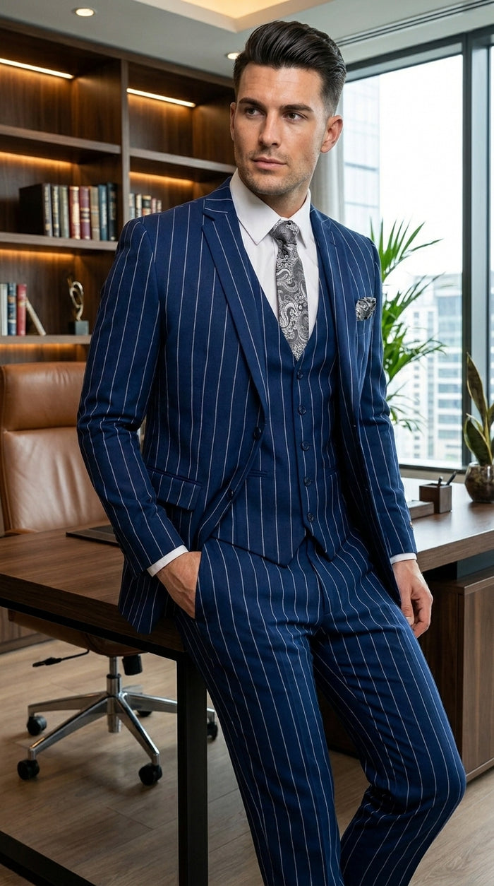 Men’s Navy Blue 1920s Gangster Stripe Vested Suit with White Pinstripes, 2 Button Dress Suit