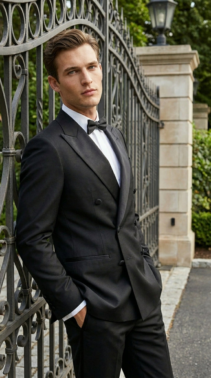 Men’s Black Double Breasted Tuxedo Jacket with Satin Peak Lapel, Formal Wedding Dinner Blazer