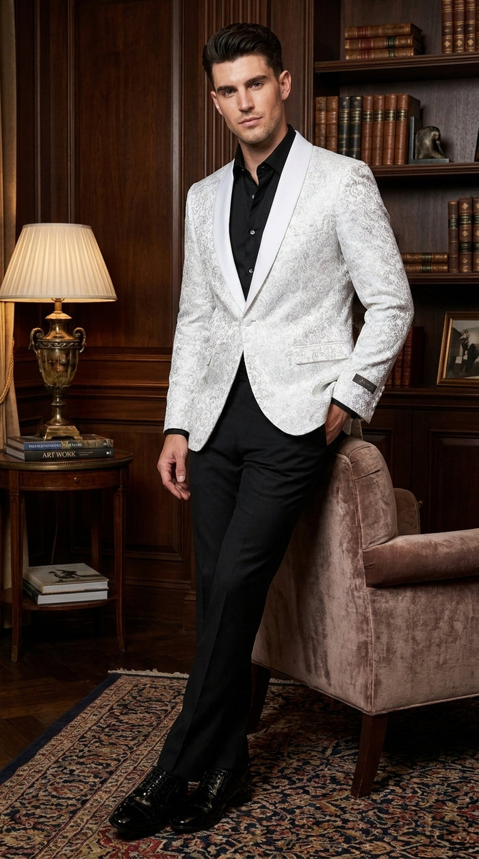 Men’s White Tonal Paisley Tuxedo Jacket with Satin Shawl Lapel, Wedding and Prom Dinner Blazer