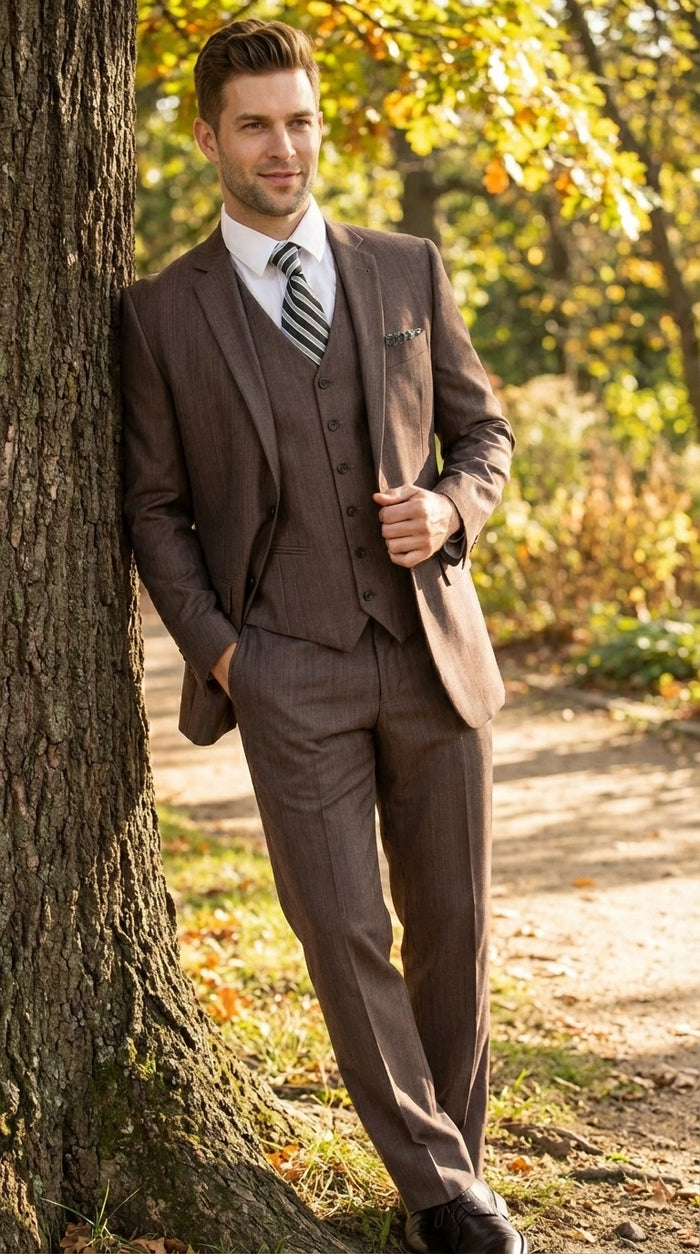 Men’s Brown Sharkskin 3 Piece Suit – Textured Two Button Vested Business Formal Suit for Wedding, Party Wear Elegant