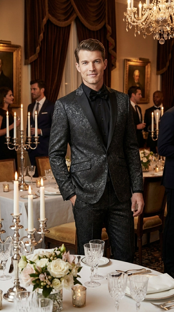 Men’s Black Paisley Wedding and Prom Tuxedo with One Button Jacket, Formal Dinner Suit