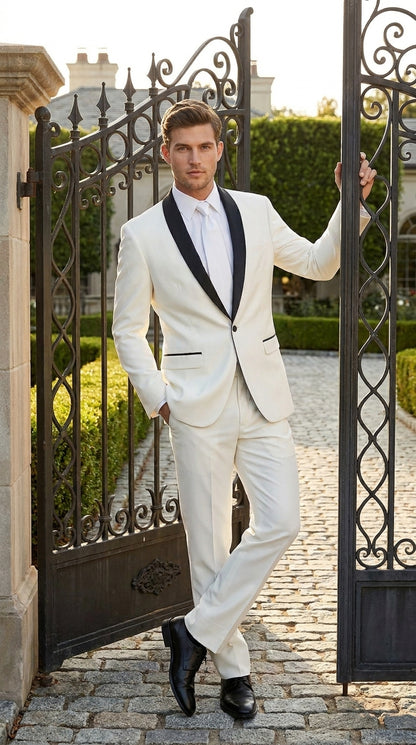 Men’s Ivory and Black Shawl Tuxedo Suit with Jacket and Pants, Formal Wedding Dinner Suit