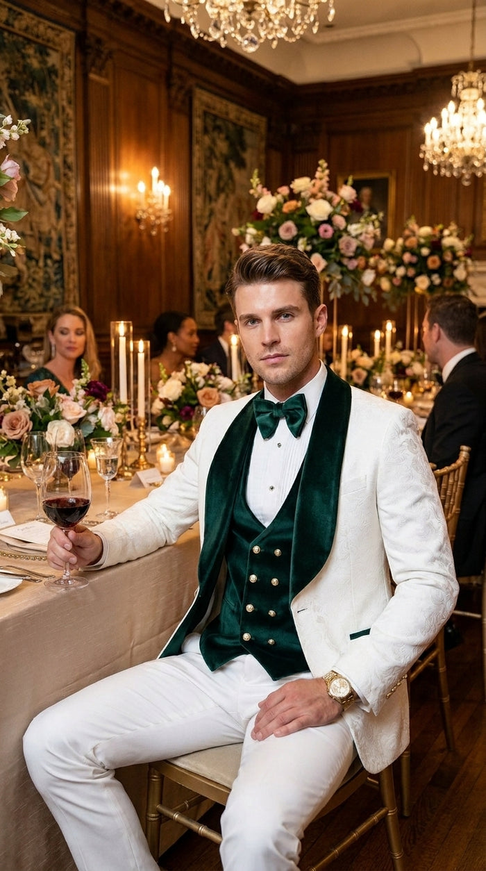 Men’s White and Green Tuxedo Wedding Suit with Shawl Lapel, Velvet Vest and Pants