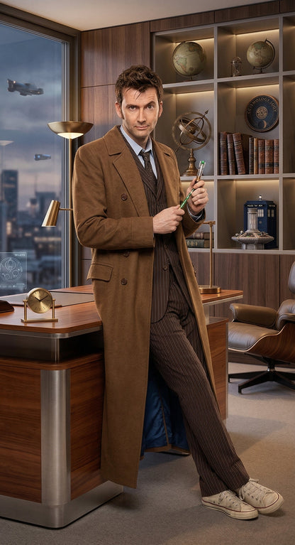 Men’s Brown Cotton Trench Coat Doctor Who 10th Doctor Inspired Long Coat – Classic Gabardina Style Overcoat, Vintage Winter Costume Jacket