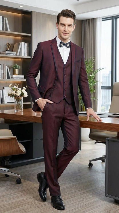 Men’s Burgundy Sharkskin Tuxedo with Satin Trim, Vested Formal Wedding and Prom Suit