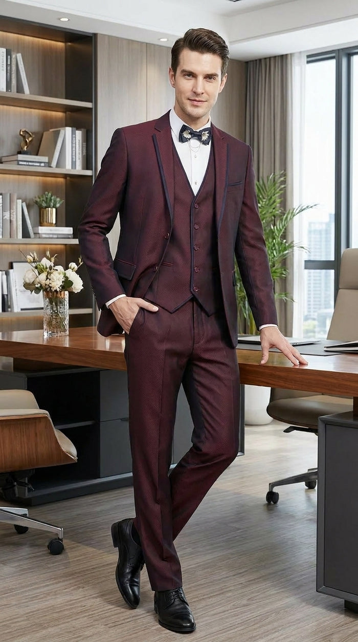 Men’s Burgundy Sharkskin Tuxedo with Satin Trim, Vested Formal Wedding and Prom Suit