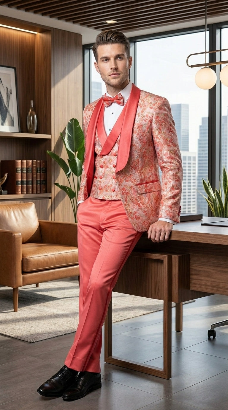 Men's One Button Paisley Wedding Tuxedo with Double Breasted Vest in Coral Orange