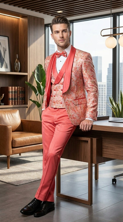 Men's One Button Paisley Wedding Tuxedo with Double Breasted Vest in Coral Orange