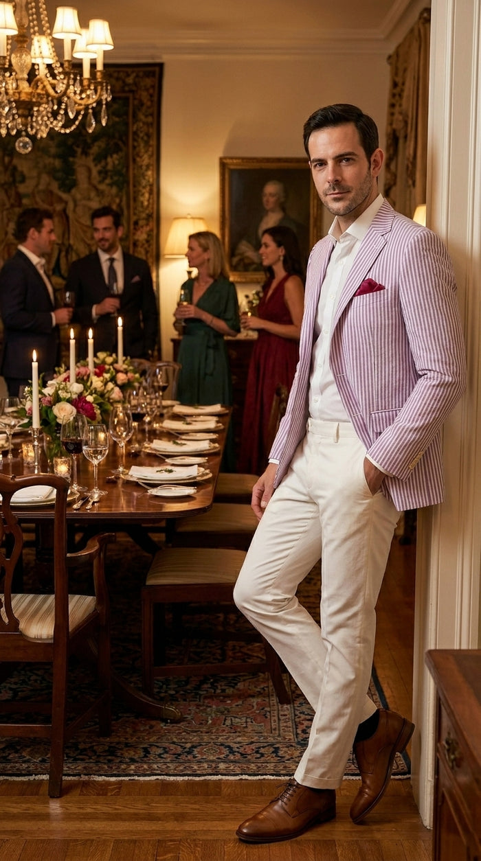Men's Italian Lavender Seersucker Blazer Lightweight Summer Striped Suit Jacket