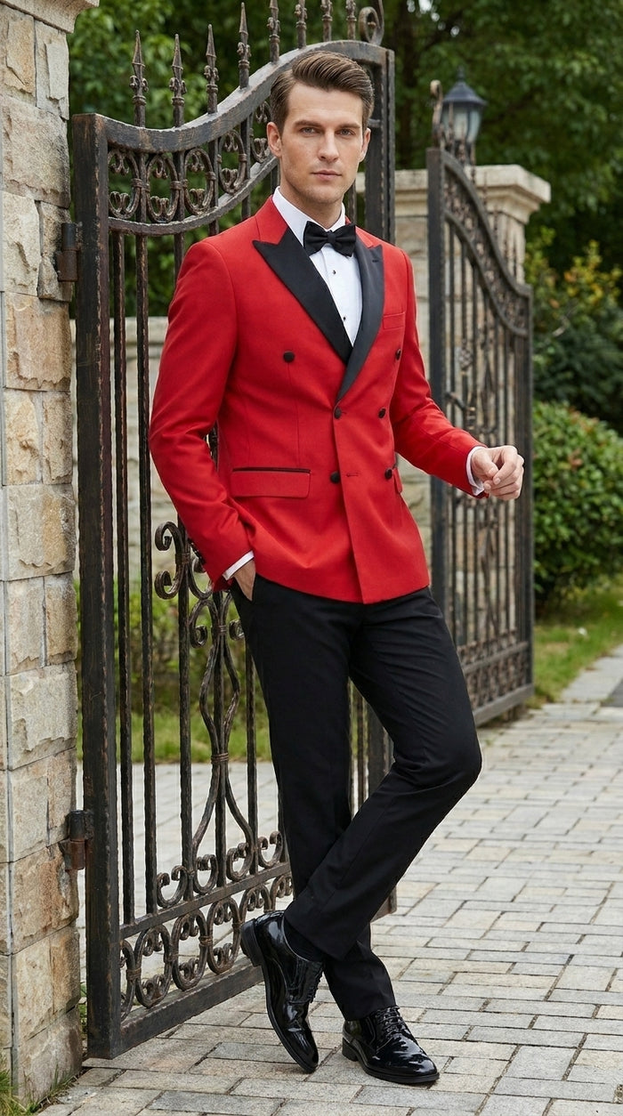 Men’s Red Double Breasted Wool Tuxedo with Black Lapel, Formal Wedding Prom Dinner Jacket