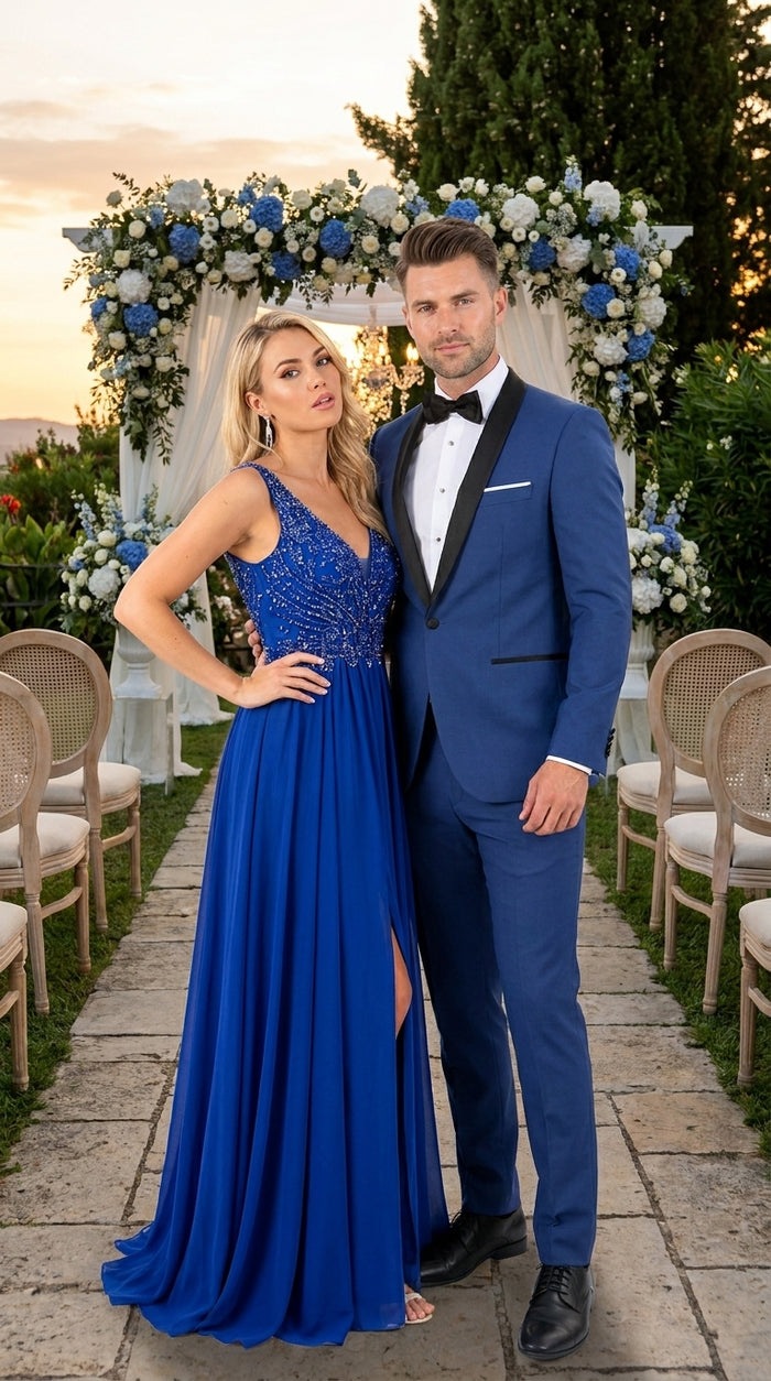 Men’s Indigo Shawl Prom Tuxedo with Black Lapel, One Button Jacket and Matching Pants