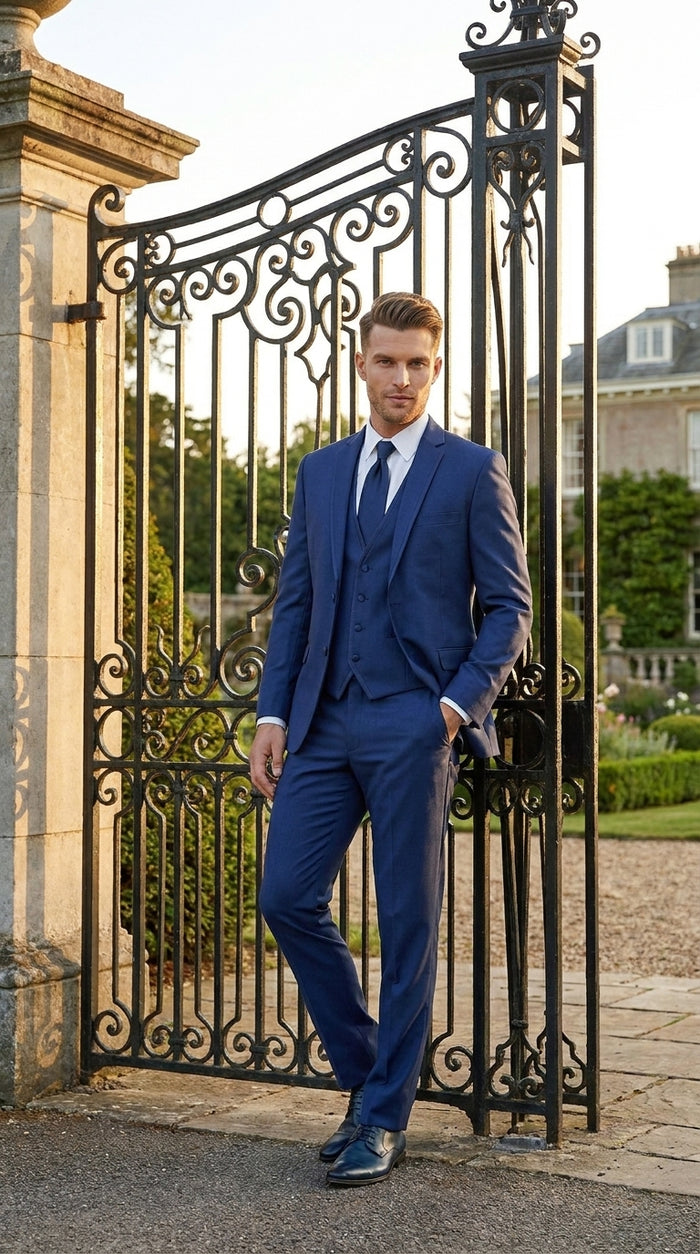 Men’s Blue 3 Piece Vested Tuxedo with 2 Button Jacket, Satin Trim and Matching Pants