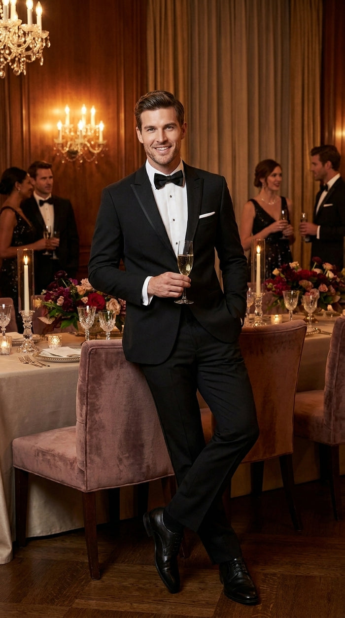 Men’s Black Designer Peak Trim Ashton Tuxedo with Satin Lapel, Formal Wedding Dinner Suit