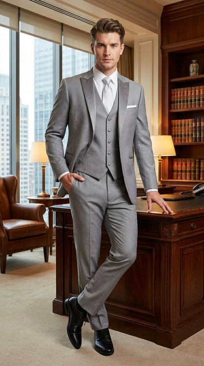 Men’s Light Grey Vested Tuxedo with One Button Jacket, Peak Lapel and Matching Pants