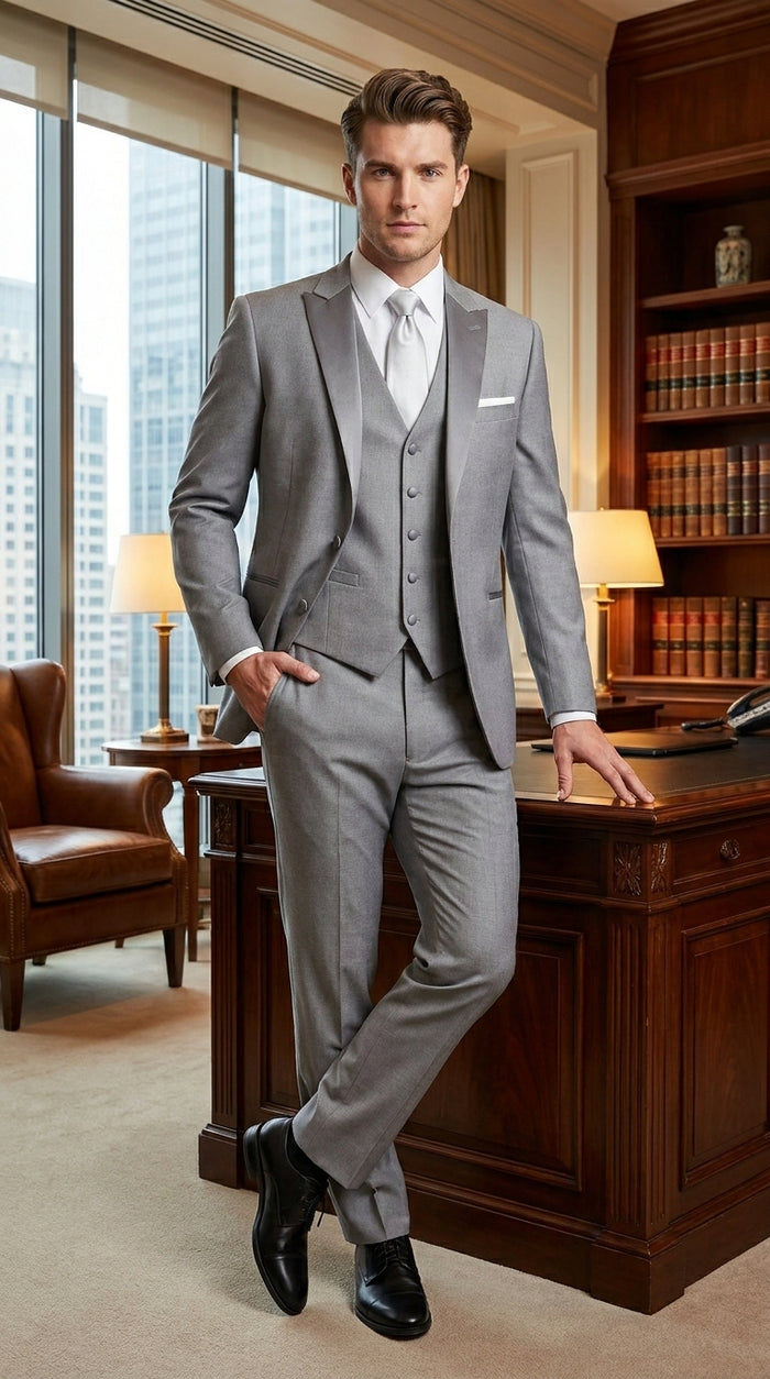 Men’s Light Grey Vested Tuxedo with One Button Jacket, Peak Lapel and Matching Pants