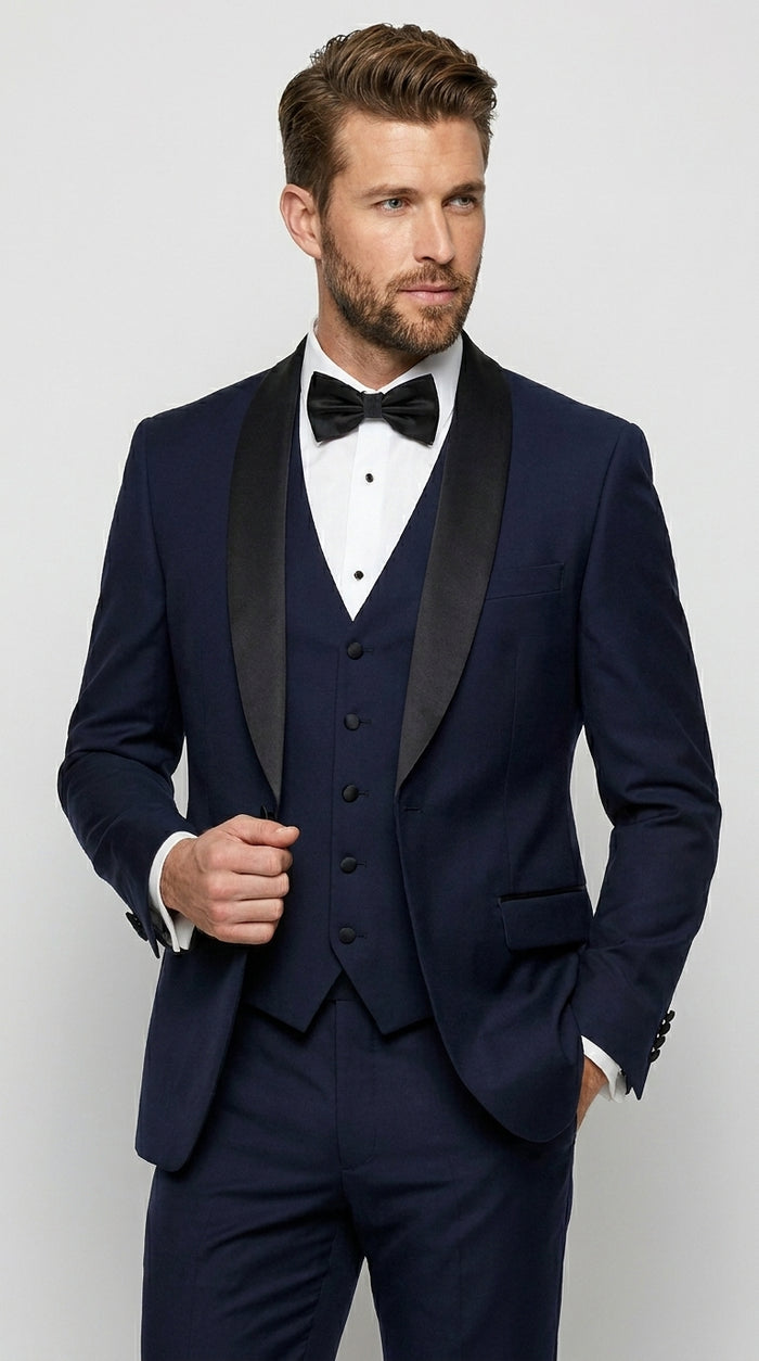 Men’s Navy Blue Vested Wool Tuxedo with 1 Button Jacket, Black Shawl Lapel and Matching Pants