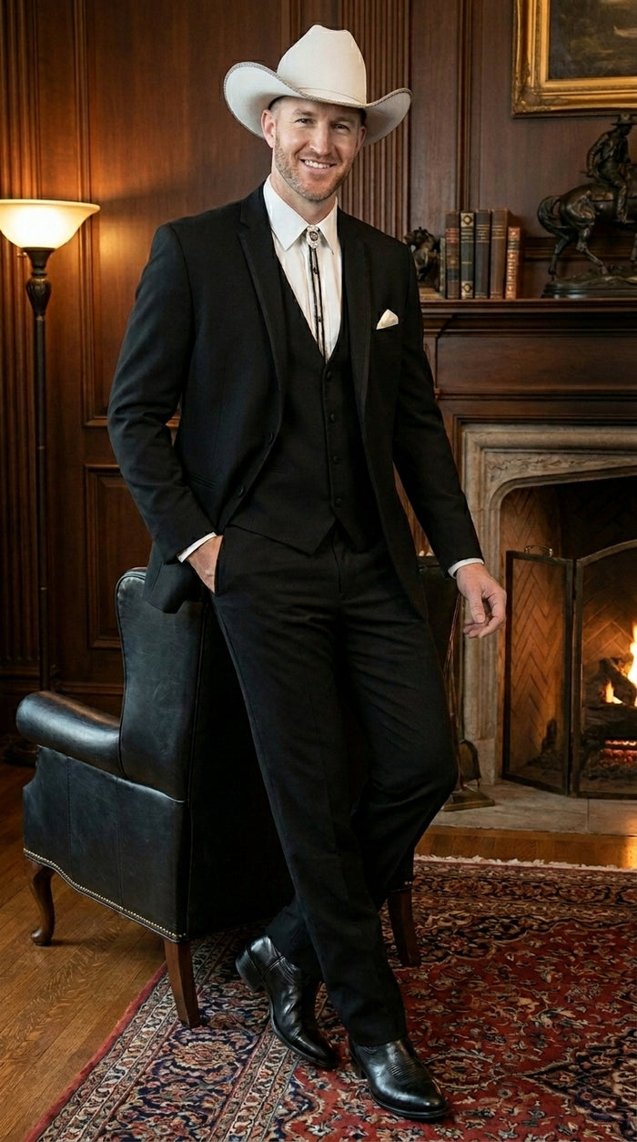 Men’s Black Western Wedding Suit with Vest and Pants, Cowboy Tuxedo Formal Dress Suit