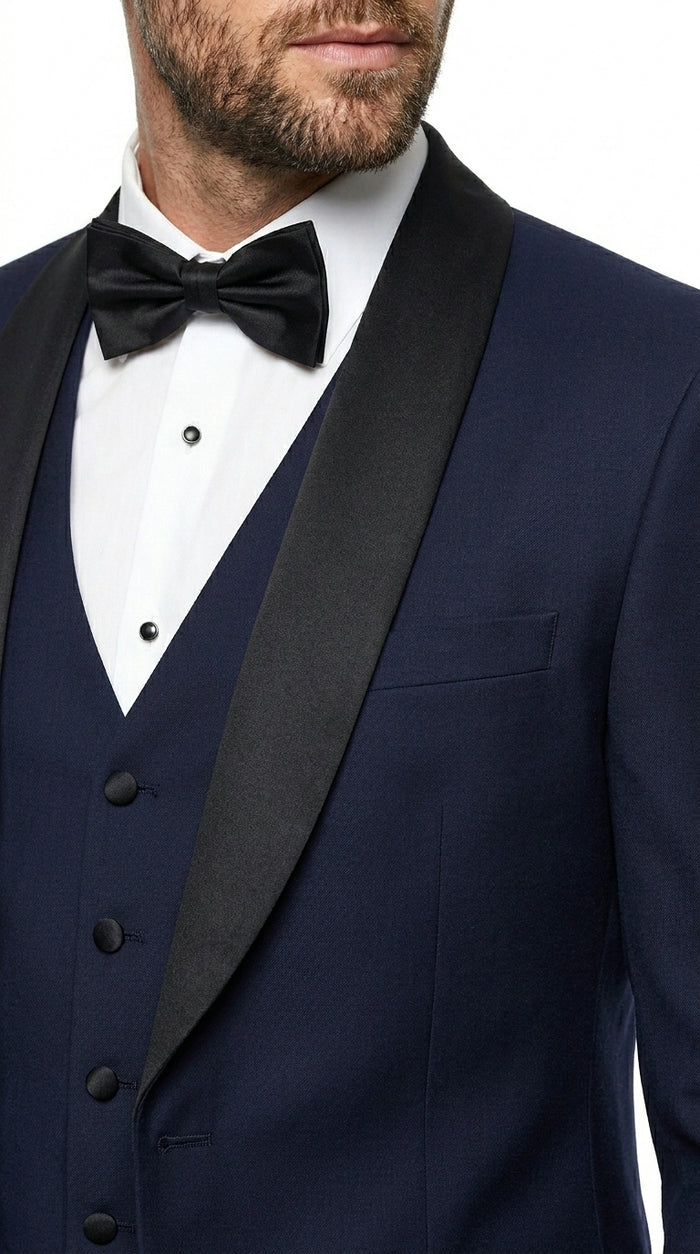 Men’s Navy Blue Vested Wool Tuxedo with 1 Button Jacket, Black Shawl Lapel and Matching Pants