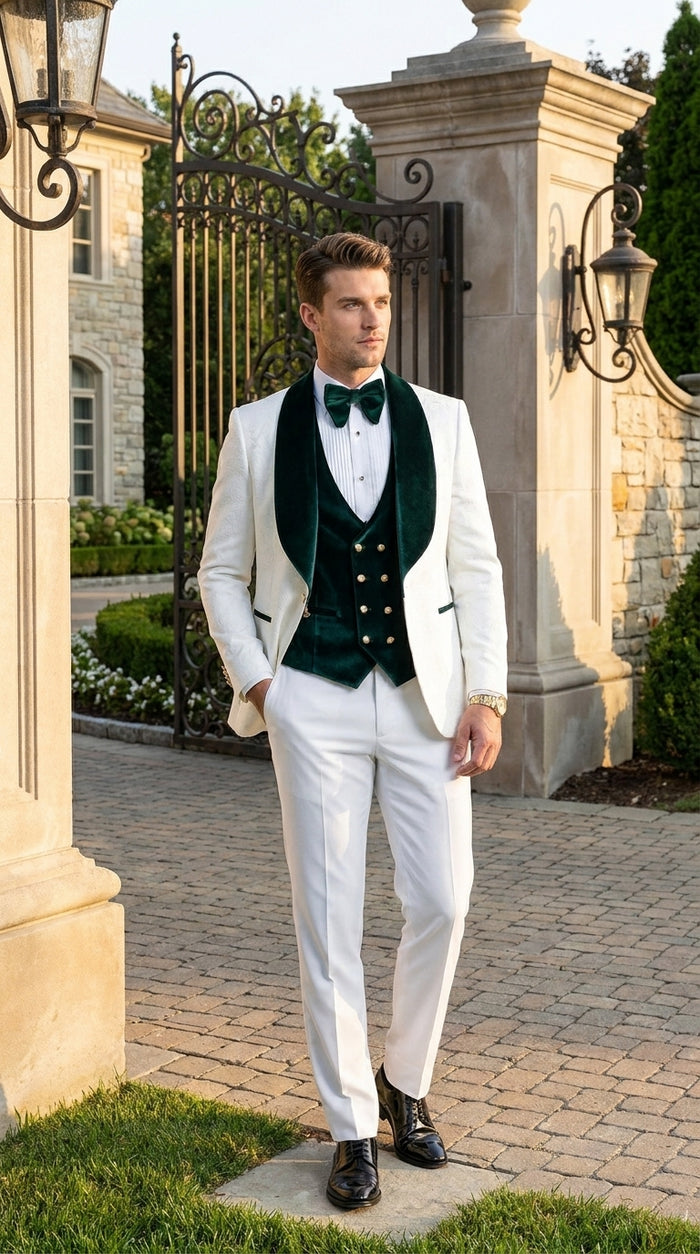 Men’s White and Green Tuxedo Wedding Suit with Shawl Lapel, Velvet Vest and Pants