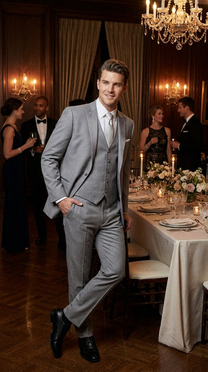 Men’s Light Grey Vested Tuxedo with One Button Jacket, Peak Lapel and Matching Pants