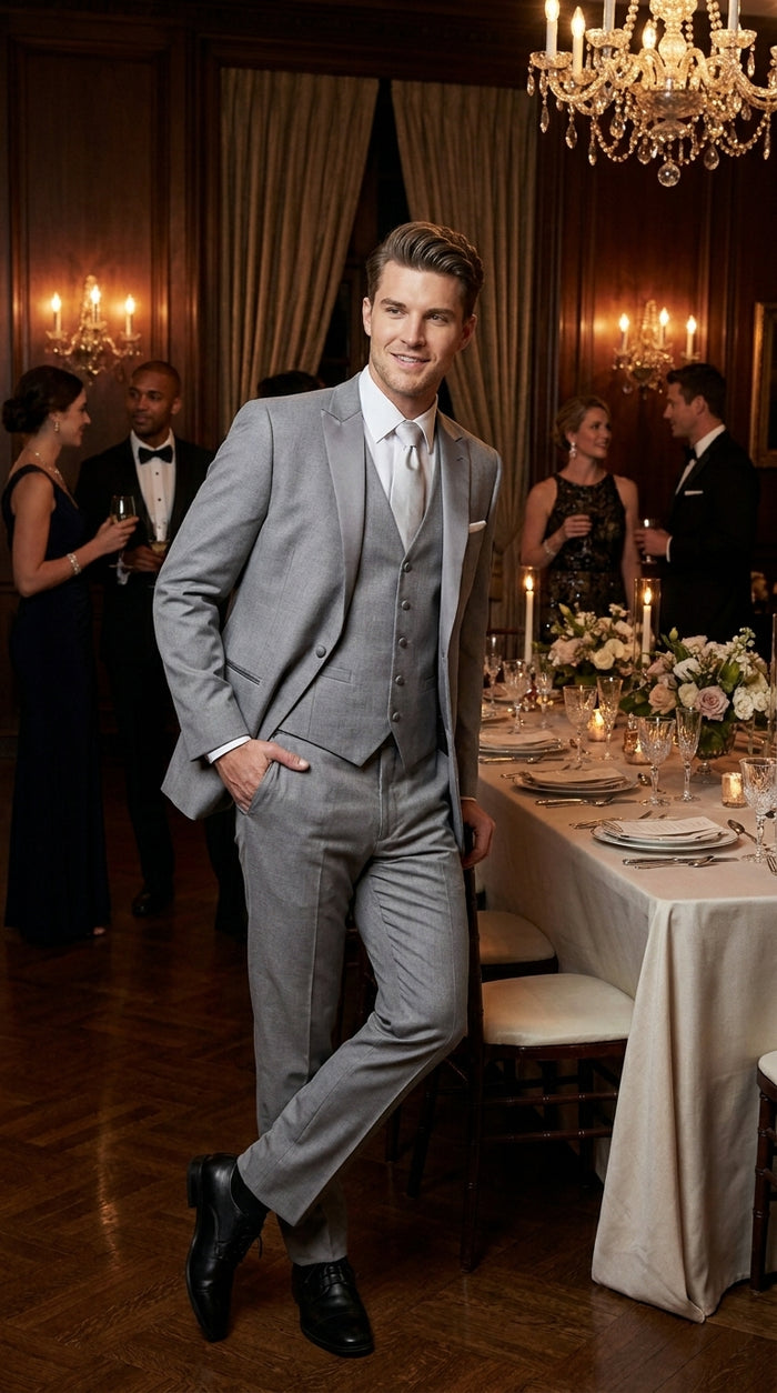 Men’s Light Grey Vested Tuxedo with One Button Jacket, Peak Lapel and Matching Pants