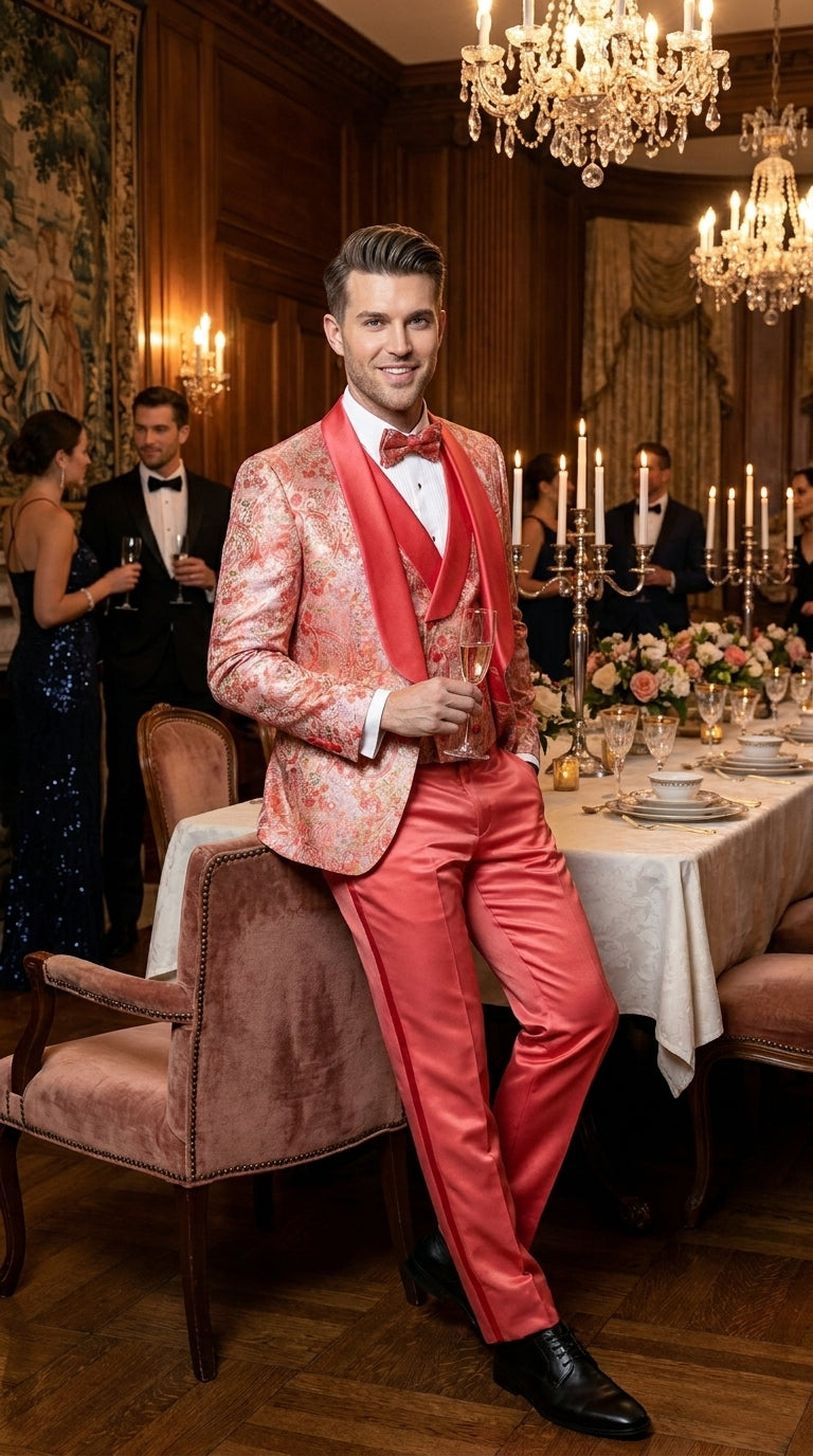 Men's One Button Paisley Wedding Tuxedo with Double Breasted Vest in Coral Orange