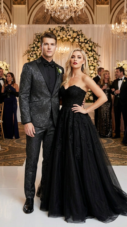 Men’s Black Paisley Wedding and Prom Tuxedo with One Button Jacket, Formal Dinner Suit