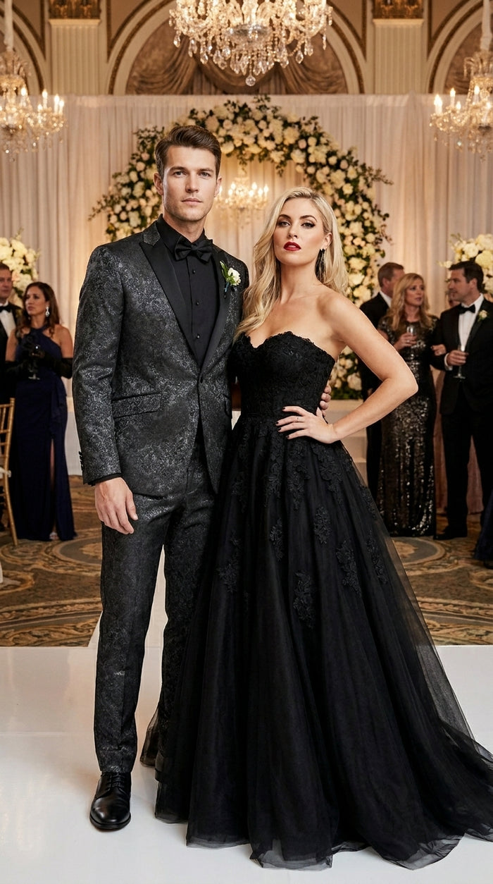 Men’s Black Paisley Wedding and Prom Tuxedo with One Button Jacket, Formal Dinner Suit