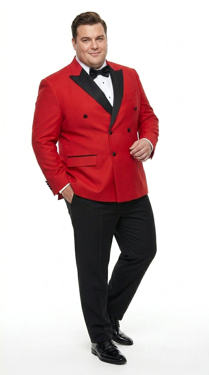 Men’s Red Double Breasted Wool Tuxedo with Black Lapel, Formal Wedding Prom Dinner Jacket