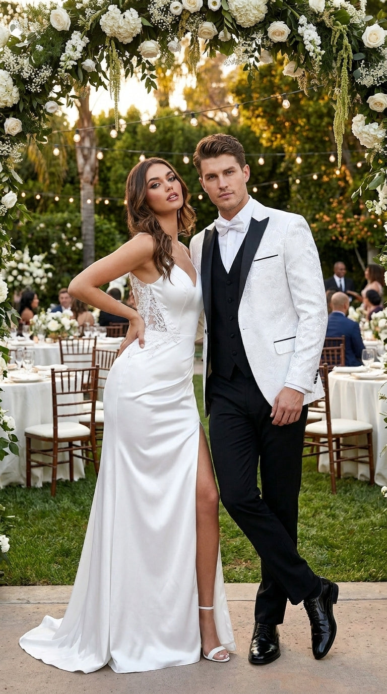 Men’s White Shiny Paisley Flower Pattern Tuxedo Jacket with Black Lapel, Formal Wedding Blazer