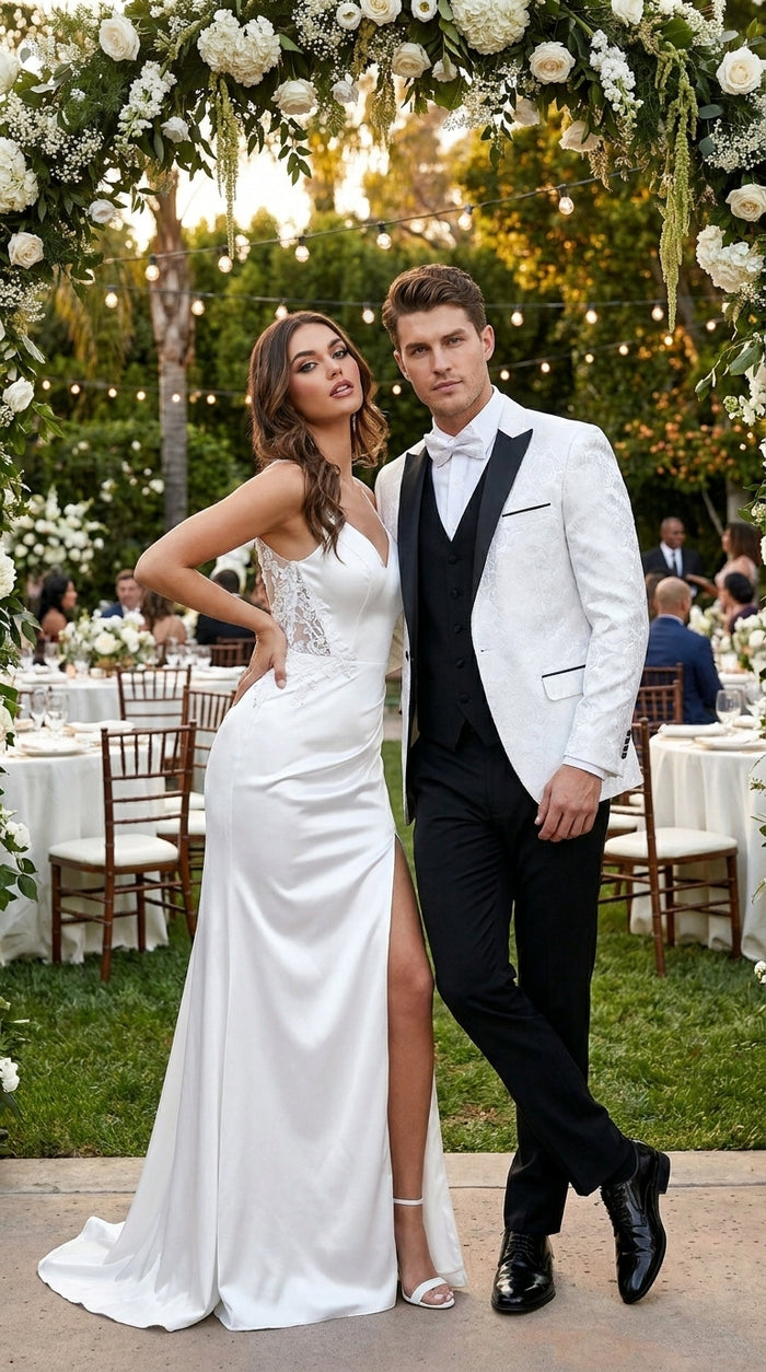 Men’s White Shiny Paisley Flower Pattern Tuxedo Jacket with Black Lapel, Formal Wedding Blazer