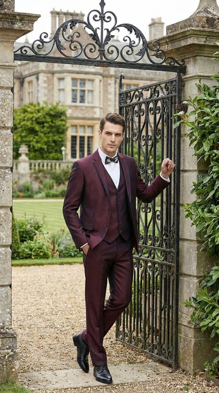Men’s Burgundy Sharkskin Tuxedo with Satin Trim, Vested Formal Wedding and Prom Suit