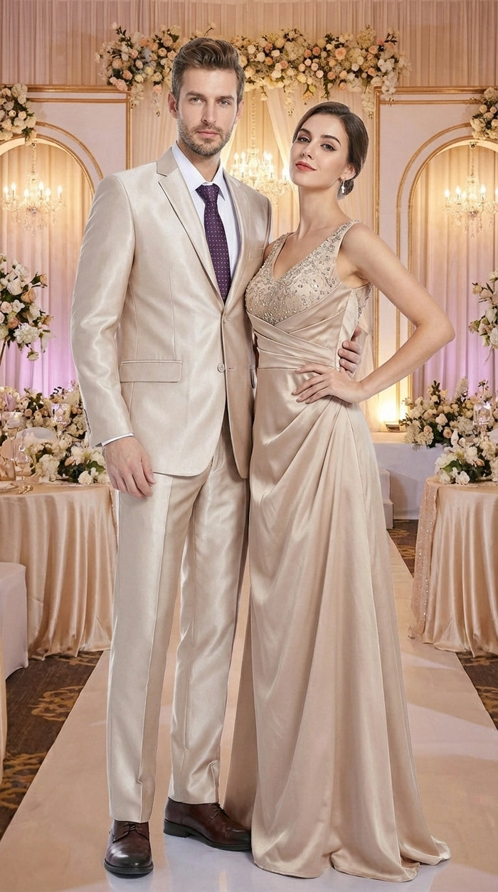 Men’s Champagne Tan Sharkskin 2 Button Suit – Sleek Formal Suit with Optional Vest for Wedding, Prom, Business Beige Color