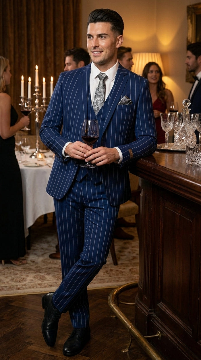 Men’s Navy Blue 1920s Gangster Stripe Vested Suit with White Pinstripes, 2 Button Dress Suit
