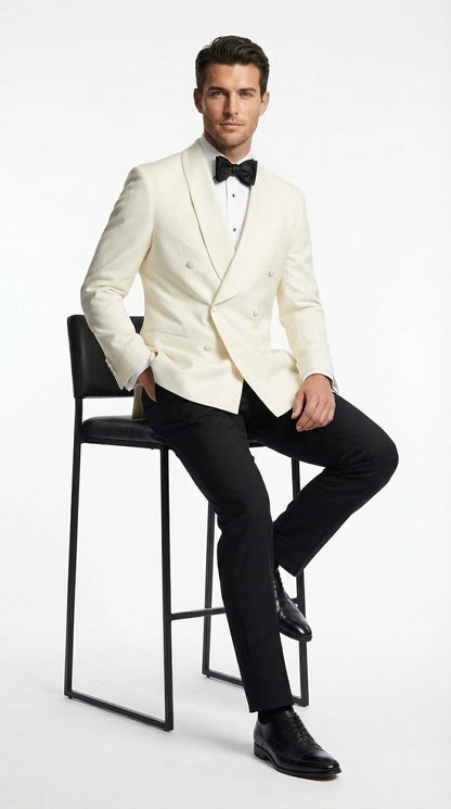 Men’s Ivory Wool Dinner Jacket – Classic Double Breasted Formal Tuxedo Jacket for Wedding and Black Tie Events