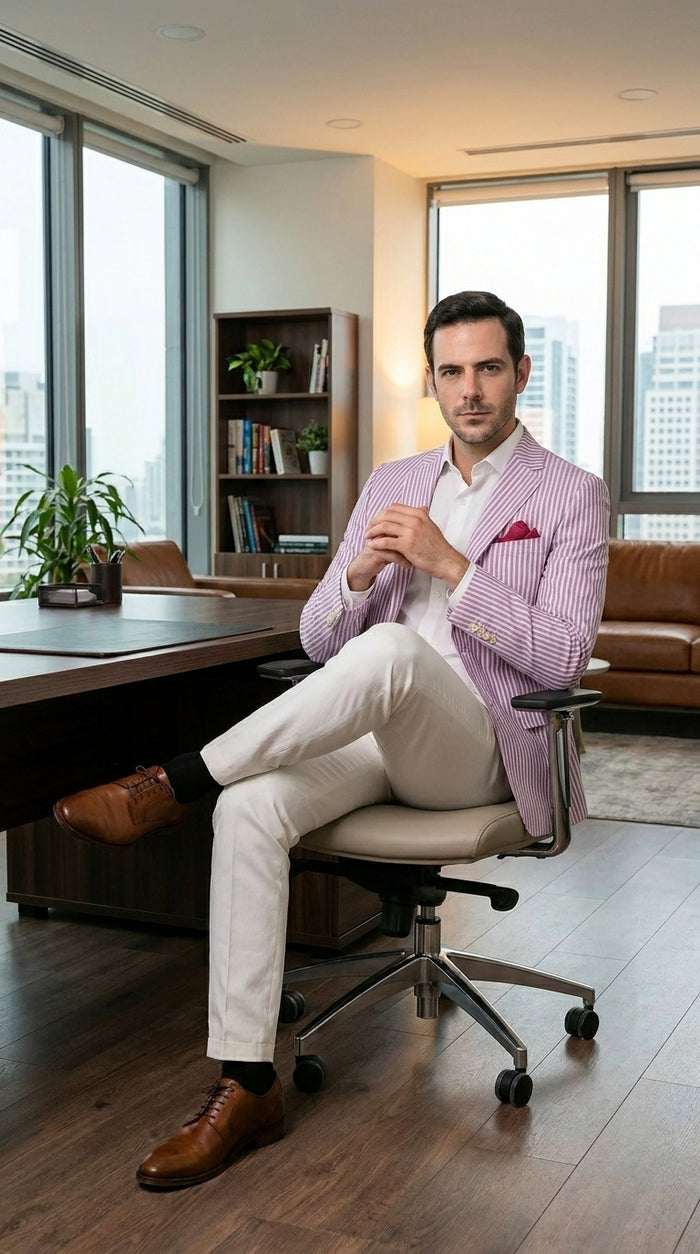 Men's Italian Lavender Seersucker Blazer Lightweight Summer Striped Suit Jacket