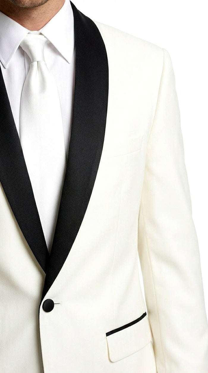 Men’s Ivory and Black Shawl Tuxedo Suit with Jacket and Pants, Formal Wedding Dinner Suit