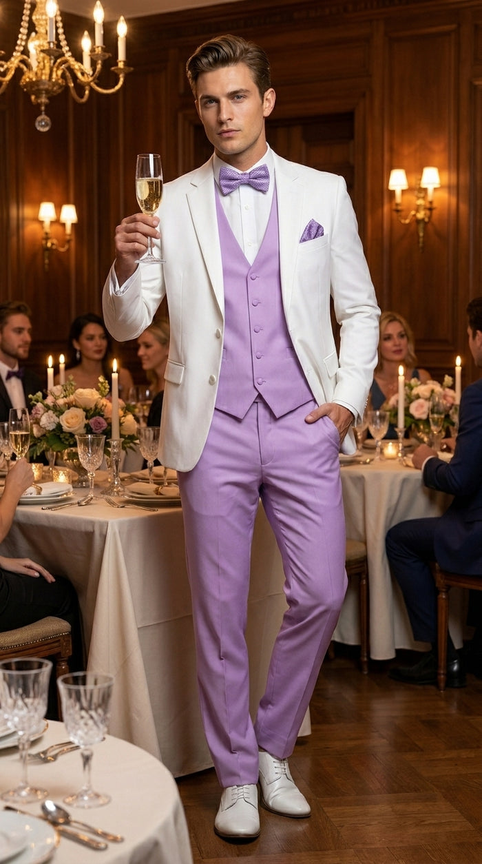 Men’s White and Lavender Tuxedo Wedding Suit with Dinner Jacket, Vest, Pants and Bow Tie